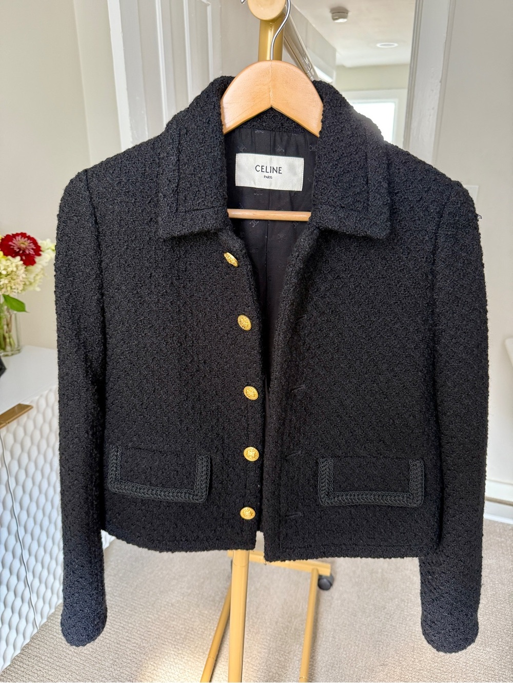CELINE Chasseur Black Wool Gold-Button Jacket- 8-Med- VGUC- Authenticated